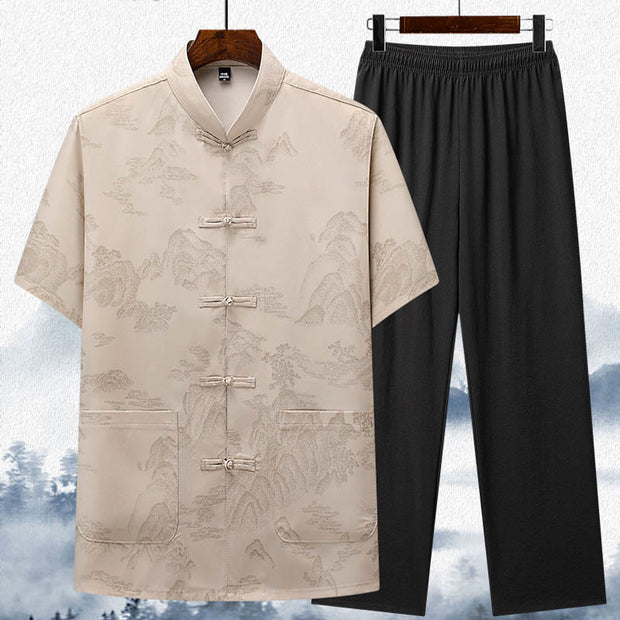 Buddha Stones Mountains Trees Tang Suit Hanfu Traditional Uniform Short Sleeve Top Pants Clothing Men's Set
