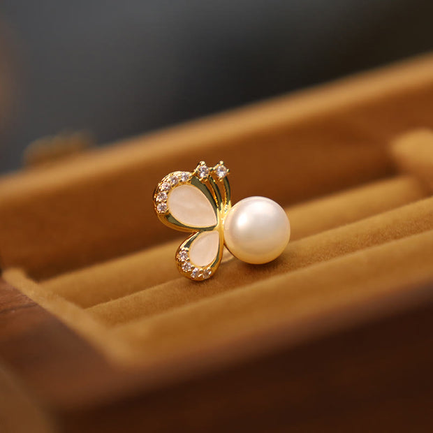 Buddha Stones 925 Sterling Silver Posts 18K Gold Plated Copper Natural Pearl Butterfly Zircon Healing Stud Earrings 5