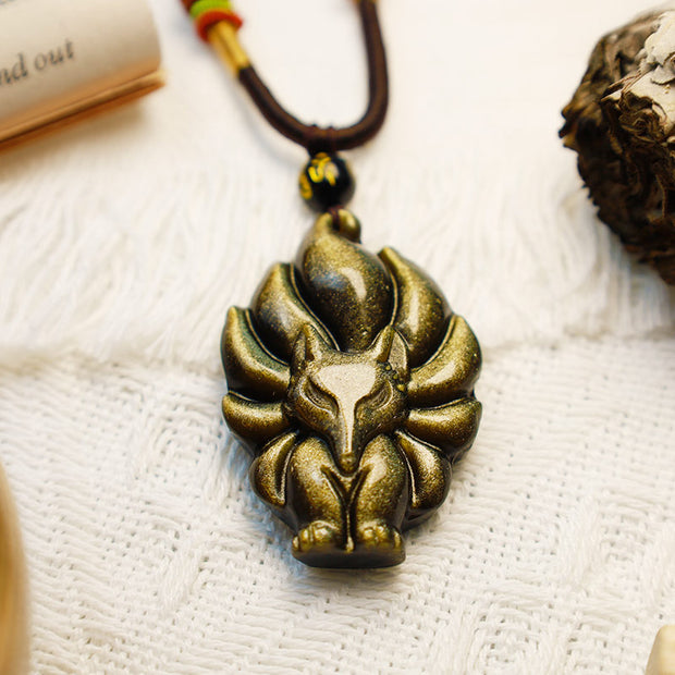 Buddha Stones Natural Rainbow Obsidian Gold Sheen Obsidian Nine Tailed Fox Positive Necklace Pendant Necklaces & Pendants BS 11