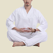 Buddha Stones Meditation Prayer V-neck Design Cotton Linen Spiritual Zen Practice Yoga Clothing Men's Set Clothes BS 14