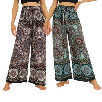 Buddha Stones Boho Mandala Print Lace-up Wide Leg Pants Women's Yoga Pants