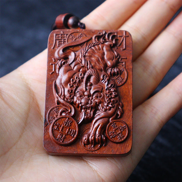 Buddha Stones Natural Lightning Struck Jujube Wood PiXiu Copper Coin Good Fortune Necklace Pendant 11