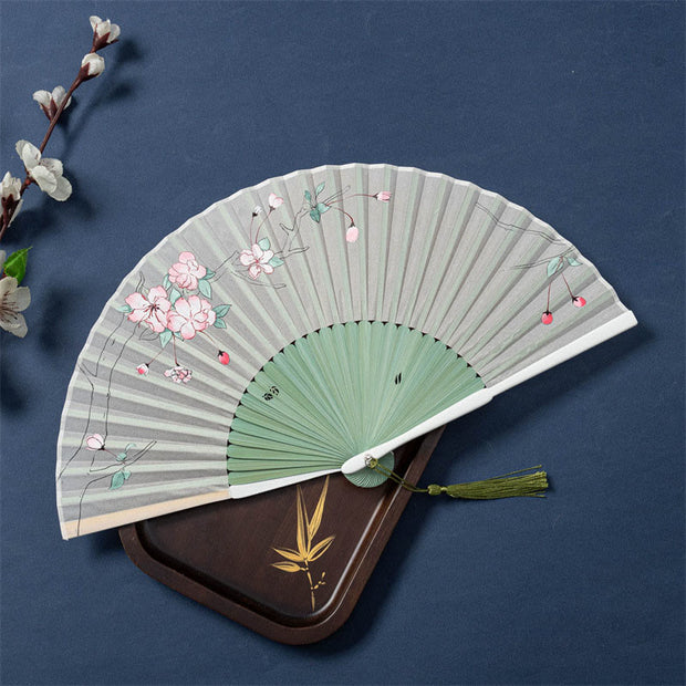 Buddha Stones Lotus Begonia Flower Jasmine Handheld Silk Bamboo Folding Fan 21cm 6