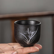 Buddha Stones Hand Painted Lotus Flower Bamboo Chrysanthemum Black Pottery Ceramic Teacup Kung Fu Tea Cup 95ml Cup BS 10