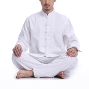 Buddha Stones Chinese Frog Button Design Meditation Prayer Cotton Linen Spiritual Zen Practice Yoga Clothing Men's Set Clothes BS White(Long Sleeve) XXXL