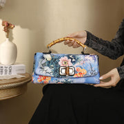 Buddha Stones Flower Pattern Bamboo Handle Metal Chain Crossbody Bag Handbags Crossbody Bag&Handbags BS Light Blue 29*14*7cm