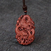Buddha Stones Lightning Struck Jujube Wood Double Dragon Relief Ward Off Evil Spirits Necklace Pendant Necklaces & Pendants BS 6