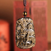 Buddha Stones Gold Sheen Obsidian Three Goats Bring Good Luck Pattern Wealth Necklace Pendant