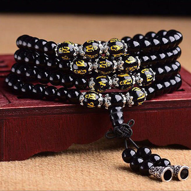 Buddha Stones Black Obsidian Six True Words Protection Mala Bracelet Mala Bracelet BS 1
