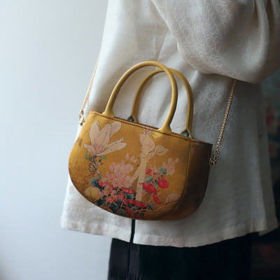 Buddha Stones Vintage Flower Peony Metal Chain Zipper Handbag Crossbody Bag Shoulder Bag Handbags BS Yellow Flower 20*14*7cm