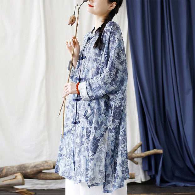 Buddha Stones Blue Flowers Butterfly Frog-Button Long Sleeve Ramie Linen Jacket Shirt With Pockets 8