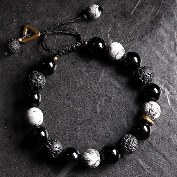 Buddha Stones Black Obsidian Lava Rock Stone Yin Yang Strength Bracelet