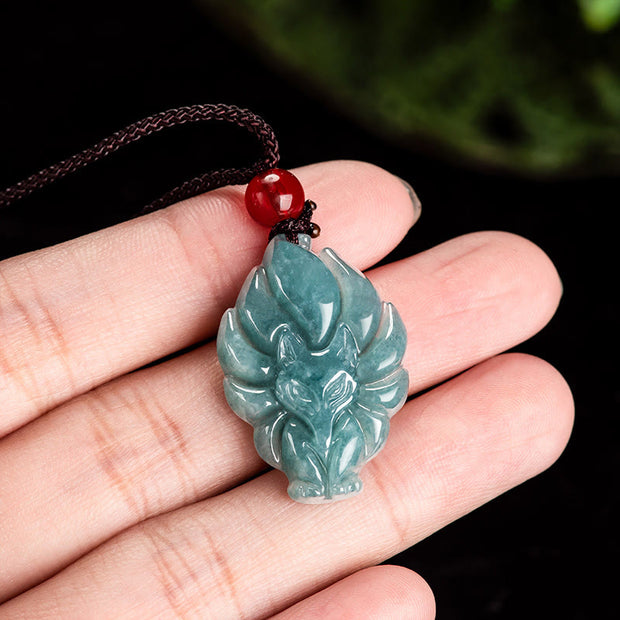 Buddha Stones Natural Green Jade Nine-Tailed Fox Luck Necklace Pendant Necklaces & Pendants BS 4