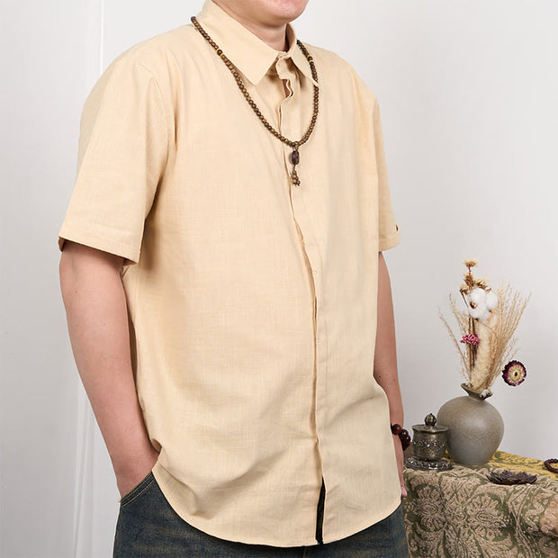 Buddha Stones Men's Short Sleeve Button Casual Cotton Linen Shirt Men's Shirts BS 5