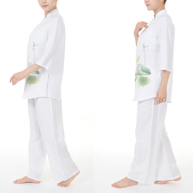Buddha Stones 2Pcs White Lotus Flower Leaf Half Sleeve Shirt Top Pants Meditation Zen Tai Chi Linen Clothing Women's Set 5