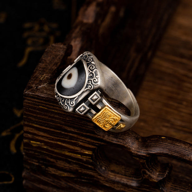 Buddha Stones 925 Sterling Silver Zakiram Goddess of Wealth Design Dzi Bead Protection Ring Ring BS 2