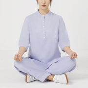 Buddha Stones 2Pcs Buttons Three Quarter Sleeve Shirt Top Pants Meditation Zen Tai Chi Cotton Linen Clothing Women's Set Women's Meditation Cloth BS Purple(Top&Pants) 2XL(Bust 112cm/Waist 70-104cm/Pants Length 101cm)