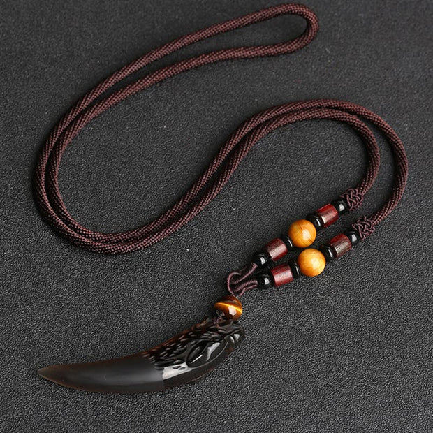 Buddha Stones Natural Ice Obsidian Wolf Tooth Pattern Courage Necklace Pendant