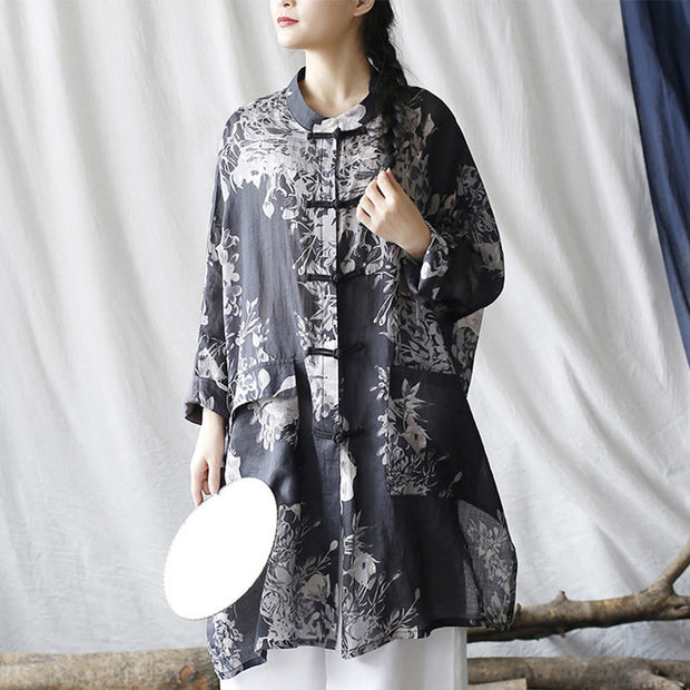 Buddha Stones Blue White Flowers Frog-Button Long Sleeve Ramie Linen Jacket Shirt With Pockets 12