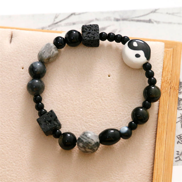 FREE Today: Protection And Willpower Black Onyx Picasso Jasper Bead Yin Yang Bracelet