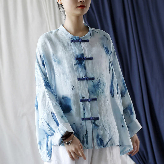 Buddha Stones Tie Dye Blue Flowers Frog-Button Design Long Sleeve Ramie Linen Jacket Shirt 24
