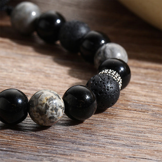 Buddha Stones Vintage Lava Rock Black Obsidian Picasso Jasper Beads Support Rope Bracelet Bracelet BS 9