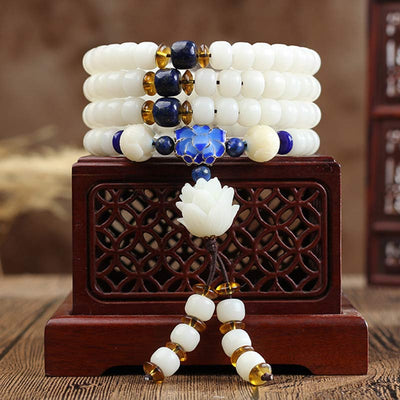Buddha Stones White Bodhi Lotus Mala Focus Bracelet
