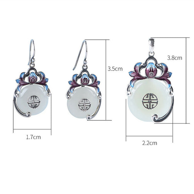 Buddha Stones 925 Sterling Silver Round Flower Hetian Jade Luck Necklace Pendant Earrings Set