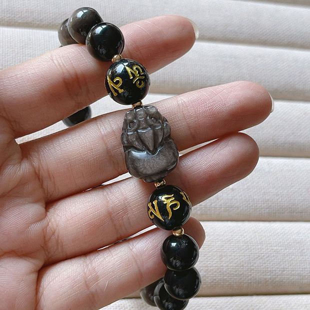 Buddha Stones Natural Silver Sheen Obsidian Black Obsidian Om Mani Padme Hum Pixiu Protection Bracelet 5