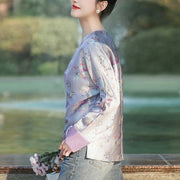 Buddha Stones Flower Print Purple Tang Suit Design Long Sleeve Jacket