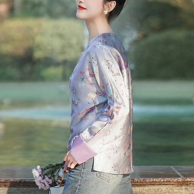 Buddha Stones Flower Print Purple Tang Suit Design Long Sleeve Jacket
