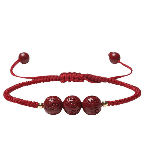 Buddha Stones Handmade Cinnabar Om Mani Padme Hum Engraved Beads Blessing Braided Bracelet
