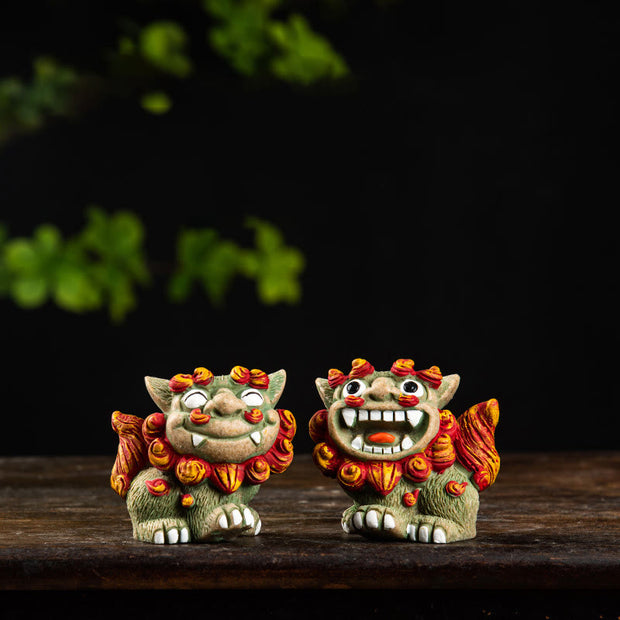 Buddha Stones Small Pair of Lion Fu Foo Dogs Ward Off Evil Protection Home Resin Decoration (Extra 30% Off | USE CODE: FS30) - A Pair of Khaki Fu Dogs - image 2