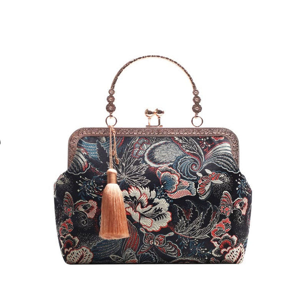 Buddha Stones Vintage Flower Butterfly Crane Sea Waves Metal Chain Crossbody Bag Shoulder Bag Handbag