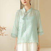 Buddha Stones Green Color Lace-up Three Quarter Sleeve Shirt With Tank Top