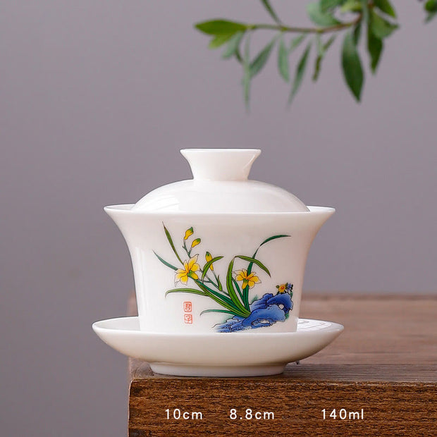 Buddha Stones White Porcelain Mountain Landscape Countryside Ceramic Gaiwan Teacup Kung Fu Tea Cup And Saucer With Lid Cup BS Long Cup-Clivia(8.8cm*10cm*140ml)