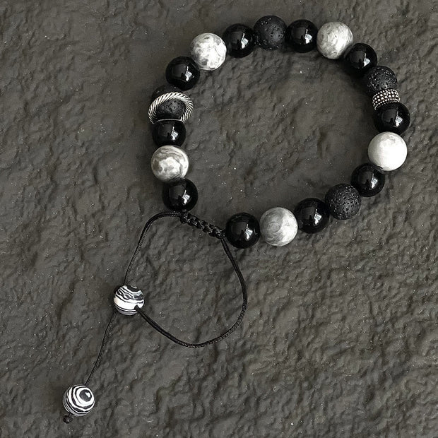 Buddha Stones Vintage Lava Rock Black Obsidian Picasso Jasper Beads Support Rope Bracelet Bracelet BS 10