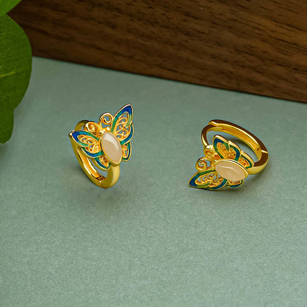 Buddha Stones 925 Sterling Silver Hetian White Jade Butterfly Luck Earrings