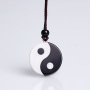 Buddha Stones Natural Black Obsidian White Turquoise Yin Yang Fulfilment Strength Necklace Pendant 6