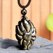 Buddha Stones Natural Rainbow Obsidian Gold Sheen Obsidian Nine Tailed Fox Positive Necklace Pendant