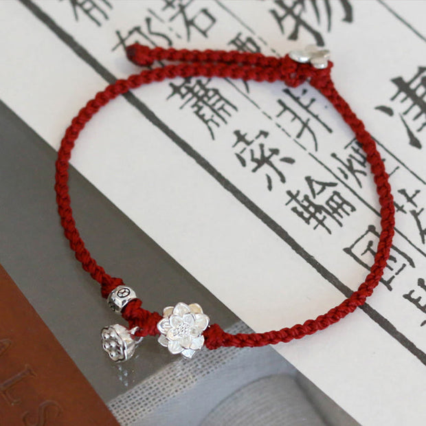 Buddha Stones Handmade Lotus Flower Luck Braid Red Rope Bracelet