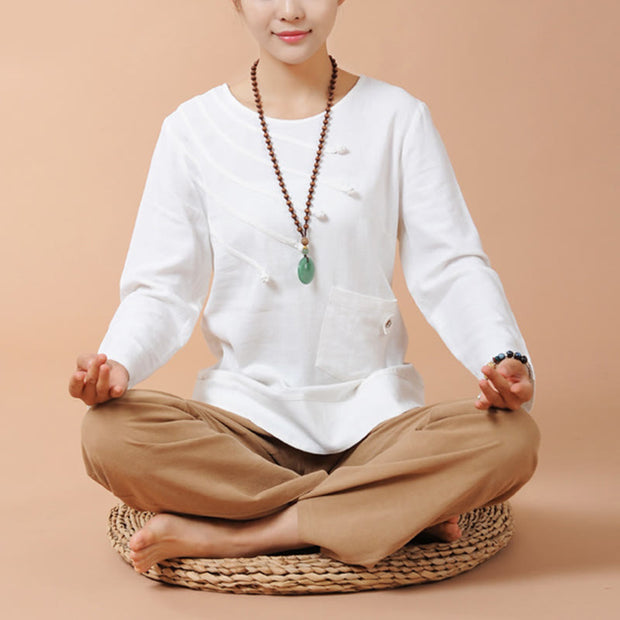 Buddha Stones 2Pcs Long Sleeve T-Shirt Tee Pants Meditation Zen Tai Chi Linen Clothing Women's Set Women's Meditation Cloth BS White Apricot(Top&Pants) 5XL(Bust 120cm/Waist 105.6cm/Hips 123.6cm)