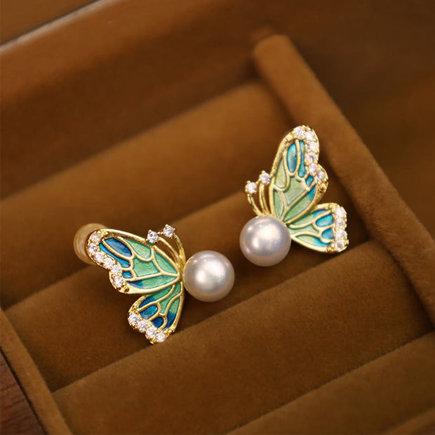 Buddha Stones 925 Sterling Silver Posts 18K Gold Plated Copper Natural Pearl Butterfly Healing Stud Earrings 7