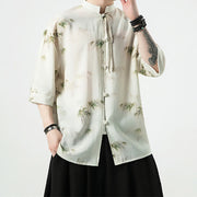 Buddha Stones Green Yellow Bamboo Leaves Print Half Sleeve Shirt Men's T-shirt