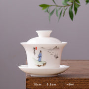 Buddha Stones White Porcelain Mountain Landscape Countryside Ceramic Gaiwan Teacup Kung Fu Tea Cup And Saucer With Lid Cup BS Long Cup-Poet(8.8cm*10cm*140ml)