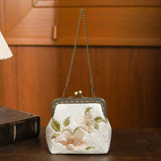 Buddha Stones Orchids Oriental Cherry Butterfly Embroidery Metal Handle Handbag