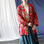 Buddha Stones Ethnic Style Northeast Red Flower Peony Print Cotton Linen Lace Up Jacket 23