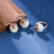 Buddha Stones 925 Sterling Silver Hetian Jade Red Agate Bat Prosperity Ring Earrings Set