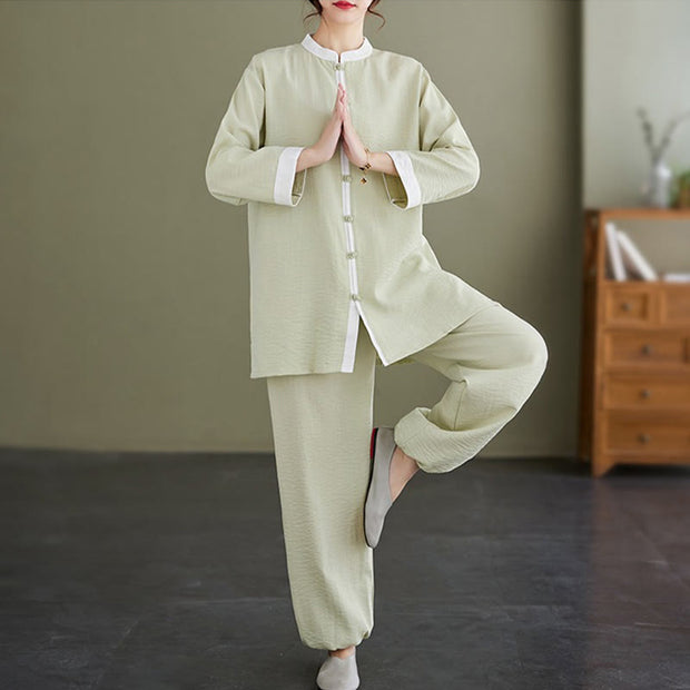 Buddha Stones 2Pcs Vintage Long Sleeve Shirt Top Pants Meditation Zen Tai Chi Cotton Linen Clothing Women's Set Women's Meditation Cloth BS 13