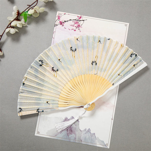Buddha Stones Flying White Crane Sun Cloud Handheld Silk Bamboo Folding Fan 22cm 4